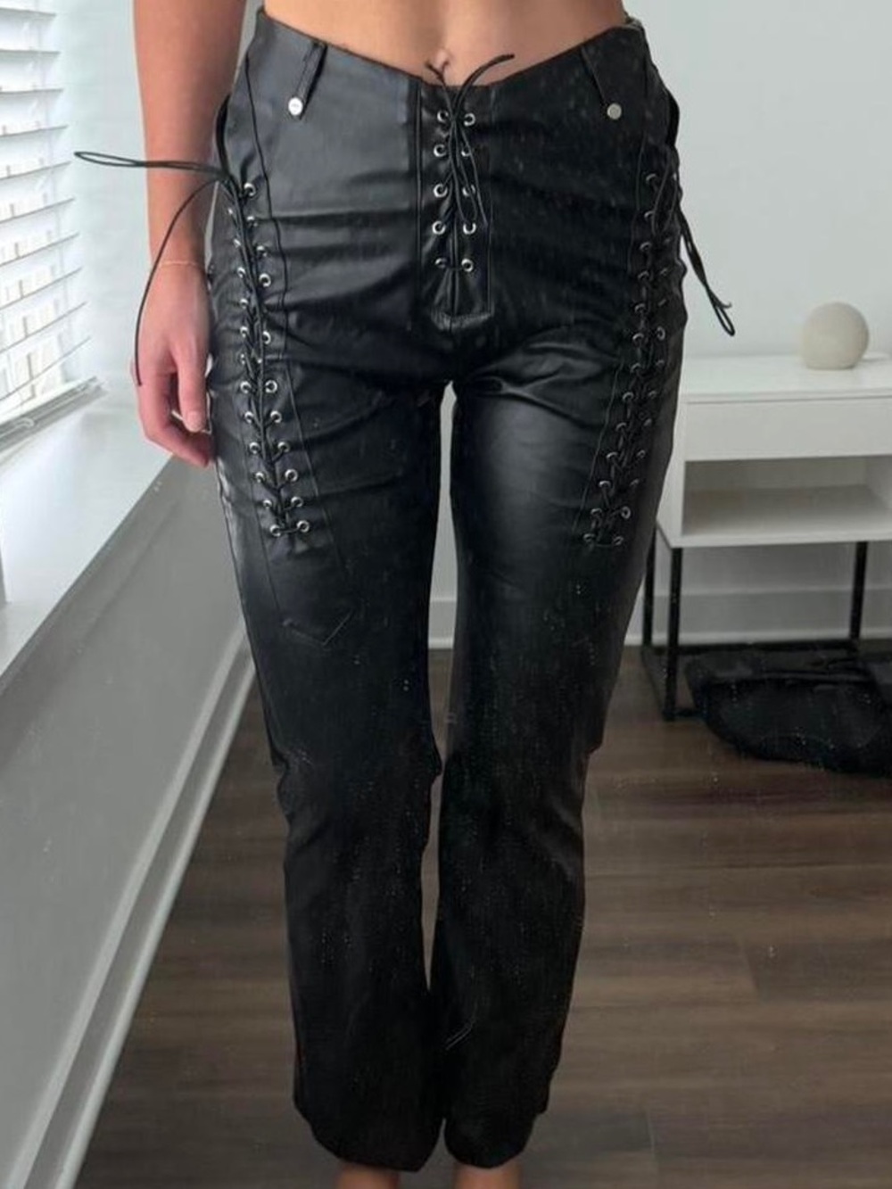 Lace Front PU Leather Bootcut Pants - Black
